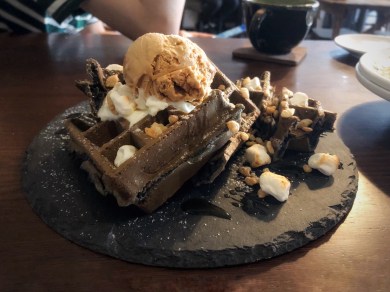 Bamboo Charcoal Waffle w/ Rice Krispies, Honey, and Ice Cream | HKD76