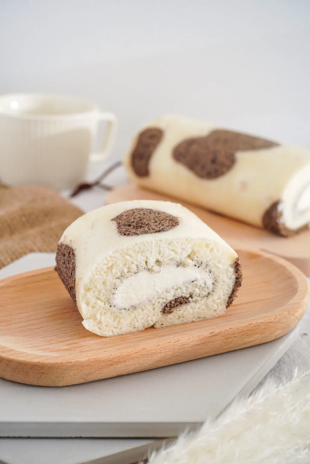 Cow Pattern Angel Food Cake Roll with Coconut Cream